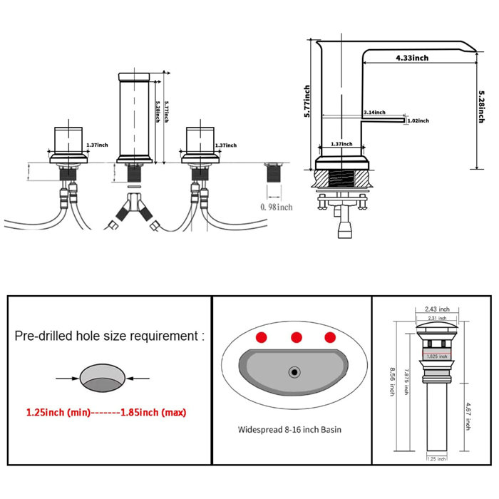 UFINE Widespread Faucet 2handle Bathroom Faucet with Drain Assembly